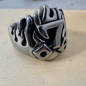 Vintage Silver Tone Lucky 7 Chunky Flame Ring Size 11